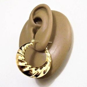 Swirl Crimped Hoops Pierced Stud Earrings Gold Plated Vintage Large Round